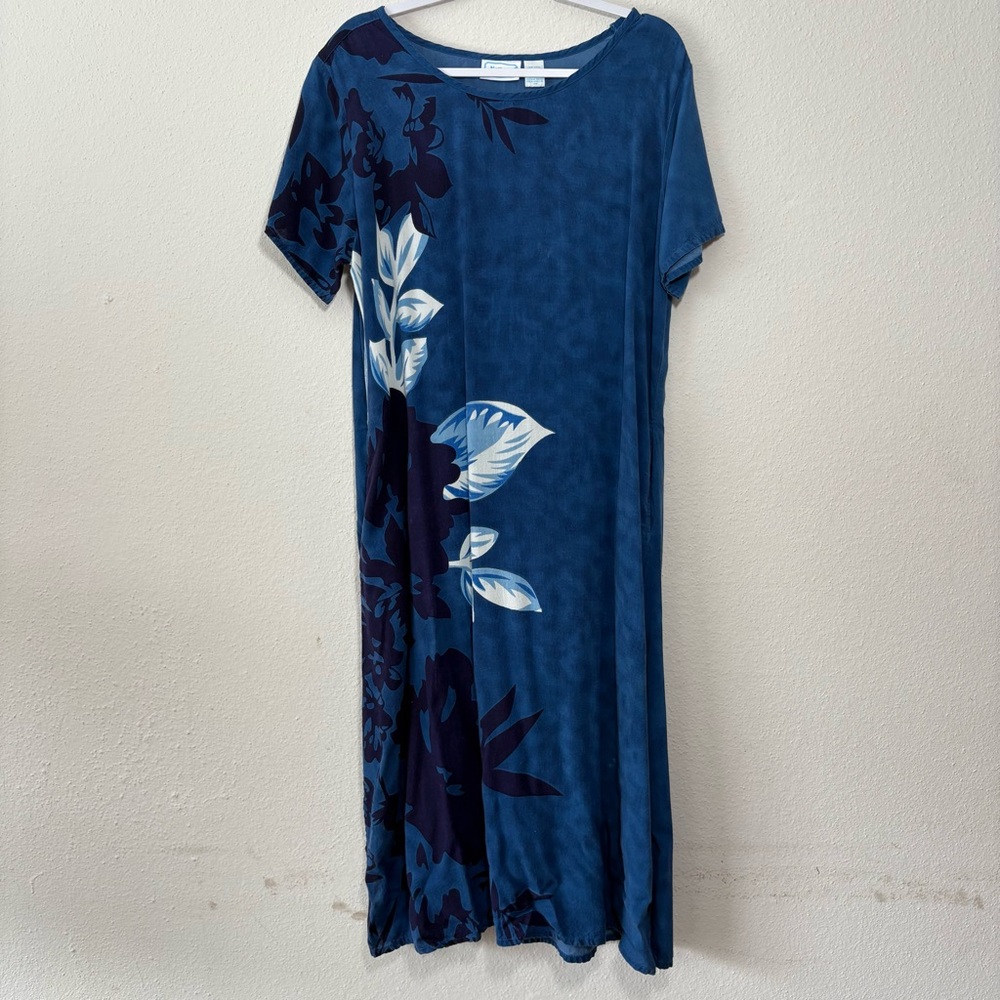 National Womens Hawaiian Midi Dress Large Blue Floral Tropical Beachy Pockets